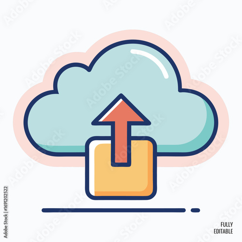 Vector art of cloud upload icon with an orange arrow pointing upwards from a yellow box, isolated on a white background.