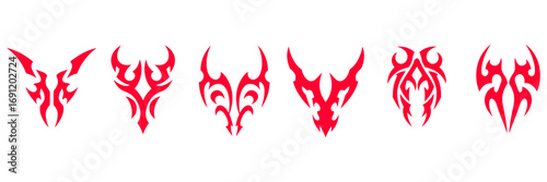 A powerful vector collection of six red tribal tattoo designs, featuring abstract demonic symbols and fantasy emblems, perfect for body art or mystic branding.