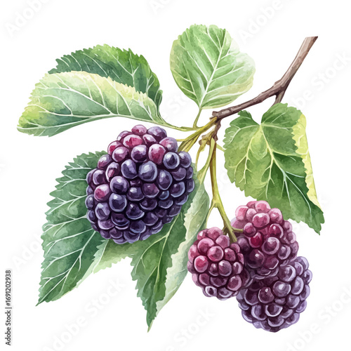Mulberry, watercolor vector, isolated on a white background.