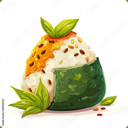 Vector illustration of Japanese onigiri rice ball with sesame seeds, seaweed wrap, and fresh leaves in flat vector style, traditional food, isolated on a white background