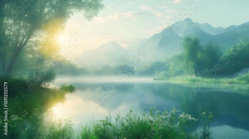 朝霧が立ち込める湖の風景 木漏れ日が差し込む緑豊かな木々 山々が背景に広がる穏やかな水面