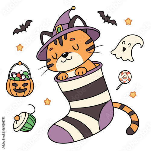 Spooky Fun colored Tiger with a Dreamy touch, placed in a Halloween theme and styled with snuggled in a sock
