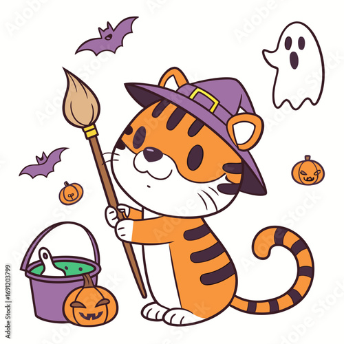 Spooky Fun colored Tiger with a Bashful touch, placed in a Halloween theme and styled with holding a paintbrush