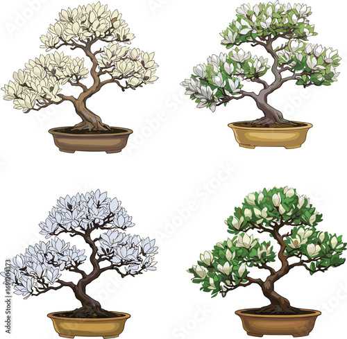 Bonsai tree seasonal foliage collection, botanical illustration, potted miniature plants, spring summer autumn winter colors, decorative nature art, Japanese garden vector design set