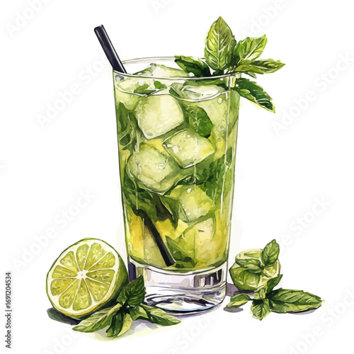watercolor of Mojito, vector, isolated on a white background.