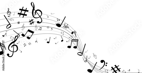 Musical notes and symbols on curved staff lines with black and white background creating artistic melody inspired abstract composition