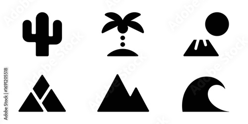 Nature landscape vector icons set: cactus, palm tree, volcano, mountains and wave design elements