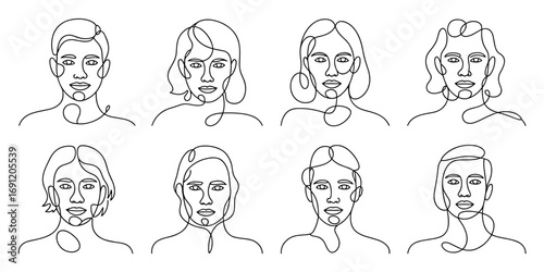 A collection of eight minimalist face portraits drawn using a continuous line technique, showcasing modern abstract art and elegant design elements.