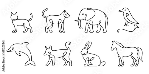 Single line drawing of animals cat dog elephant bird dolphin fox rabbit horse vector illustration clip art