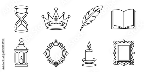 Vintage fairytale icons set: crown, hourglass, feather, book, lantern, mirror, candle, and frame design