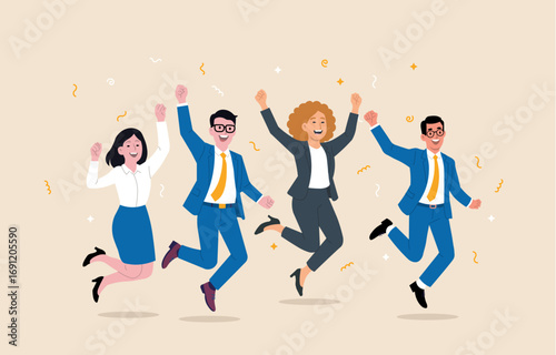 Happy business character people office team. Cartoon happy business person jump flat employee success joy illustration.