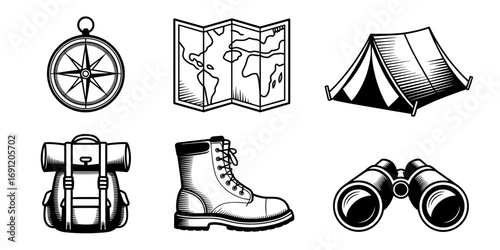 Camping gear vector illustration of compass map tent backpack boot and binoculars for outdoor adventure trip