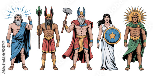 Illustrations of ancient gods and goddesses from mythology Zeus, Thor, Rá and other mythological figures.