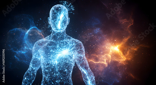 Abstract representation of a glowing human silhouette filled with energy and light on a dark background