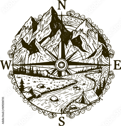 Compass with Mountains and River Vector Illustration. Esoteric Tattoo and T-Shirt Design Symbolizing Tourism, Adventure, Outdoor Travel, and Exploration Art