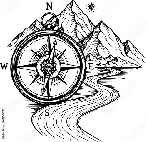 Compass with Mountains and River Vector Illustration. Esoteric Tattoo and T-Shirt Design Symbolizing Tourism, Adventure, Outdoor Travel, and Exploration Art