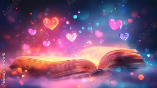 Open Book with Floating Hearts in Soft Glowing Light and Dreamy Background