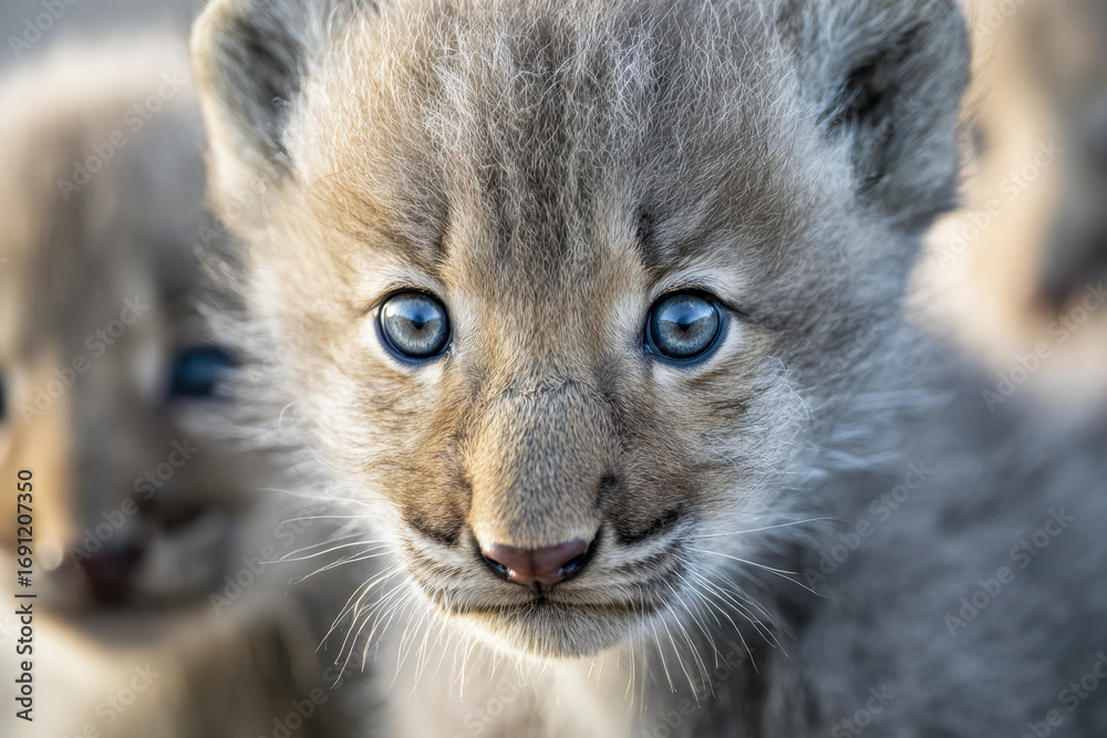 Obraz premium Close-up portrait of a young mountain lion cub with bright blue eyes and soft fur looking directly at the camera in natural outdoor light