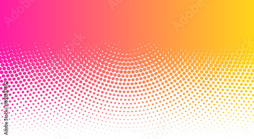 Vibrant halftone dot pattern with gradient background in pink orange and yellow colors creating modern dynamic abstract design