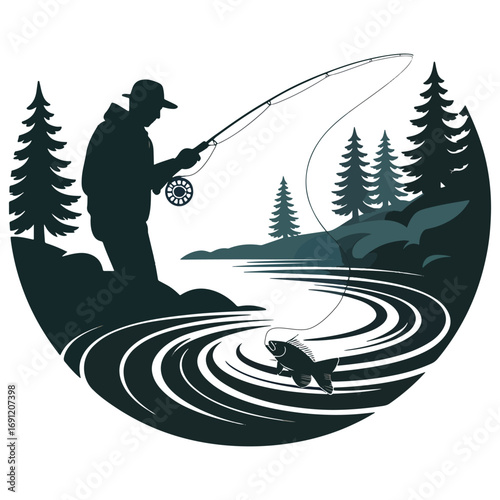 Vintage Fishing Scene T-Shirt - Angler Forest Lake Ripple Design