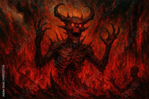 Fearsome horned demon emerges from a blazing inferno, surrounded by tormented souls in this dark, hellish illustration of eternal damnation and horror.