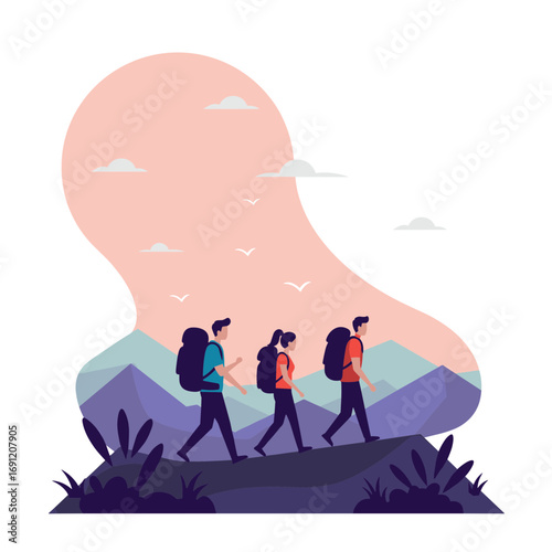 Group of hikers walking on mountain trail during sunset  