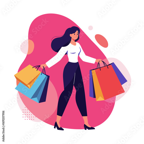 Woman carrying colorful shopping bags with a smile on a pink background  