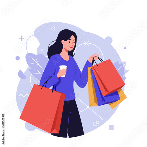 Woman shopping while holding coffee and colorful shopping bags  
