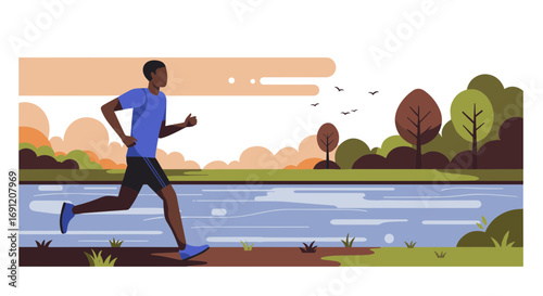 Black man jogging along river in scenic outdoor environment  