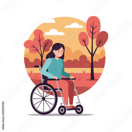 Young woman in wheelchair enjoying autumn day in the park  