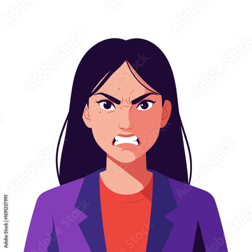 Angry young woman showing frustration in a purple blazer  