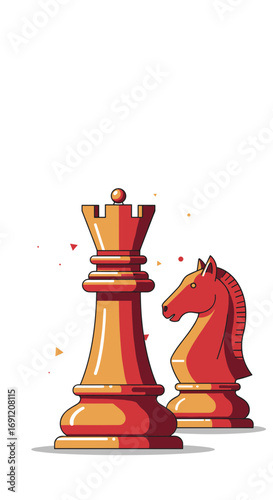 Vector illustration of red chess queen and knight pieces, symbolizing leadership and tactical offense in a game setting.
