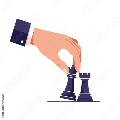 Hand holding black king piece next to rook, indicating strategic movement in a chess game, symbolizing planning and leadership.

