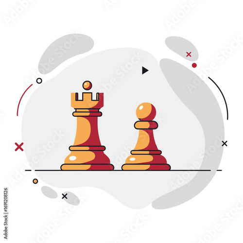 Minimal flat design of a rook and pawn chess pieces on abstract gray backdrop, symbolizing power and foundation in strategy.

