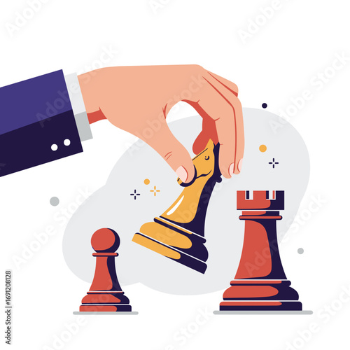 Vector of a hand holding a knight chess piece, next to a pawn and rook, representing decision-making and strategic thinking.
