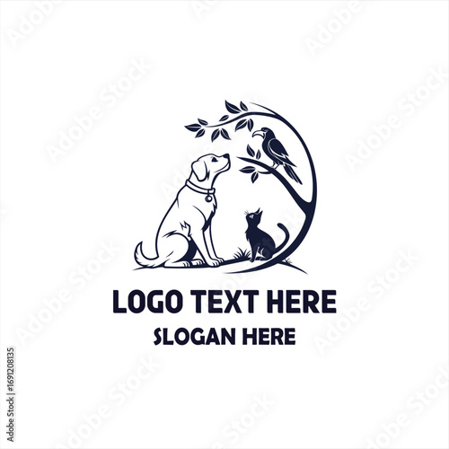 Pet Care Logo with Dog, Cat, and Bird Illustration
