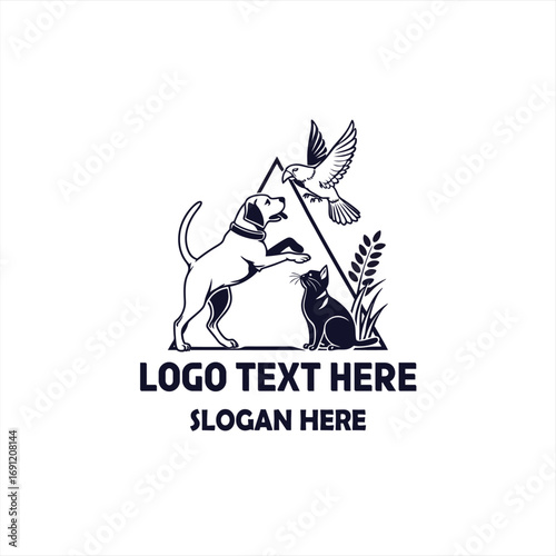 Pet Care Logo with Dog, Cat, and Bird Illustration