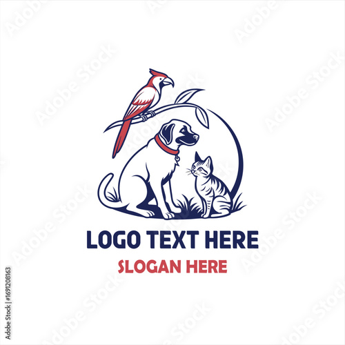 Pet Care Logo with Dog, Cat, and Bird Illustration