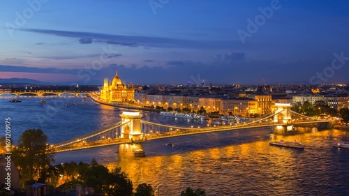 Night panoramic city view with Chain bridge and Duna river in Budapest