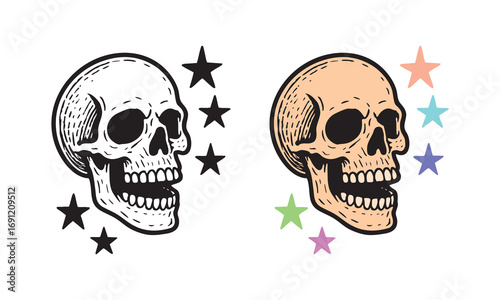 Illustration of human skull with stars, spooky retro style for tattoo, sticker, and t-shirt design.