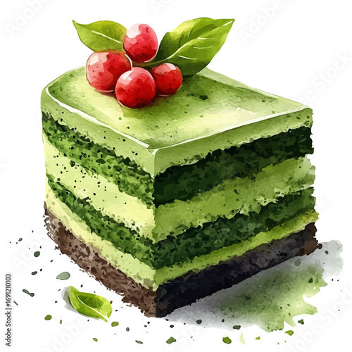Matcha Cake, watercolor vector, isolated on a white background.