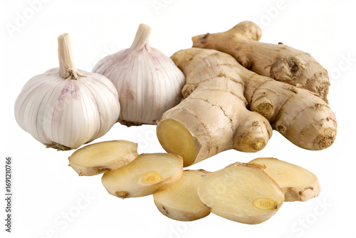 Close-up shot of garlic and ginger against a white background. The ginger is partially sliced, revealing the fresh interior of the root and bulb