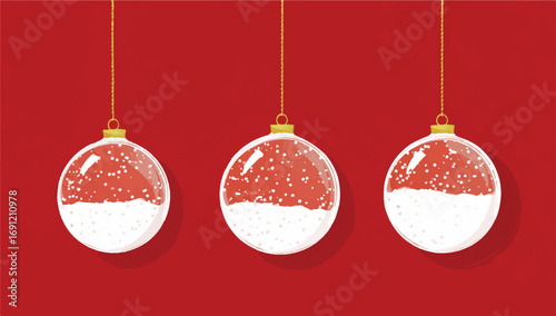 Three Christmas Ornaments with Snow Inside Hanging on Golden Strings Against a Festive Red Background