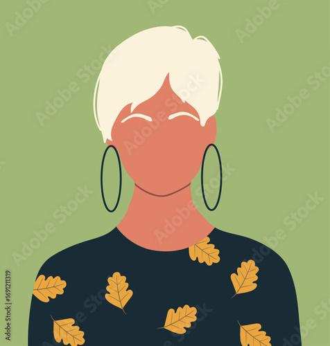 Girl, blank empty face portrait. Abstract faceless female head , blonde with short hair. Hand drawn vector illustration.