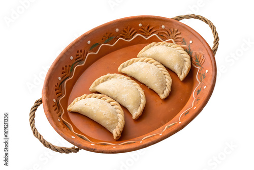 Homemade Indian festive sweet Gujiya dumplings, also known as Karanji, beautifully arranged in a rustic terracotta platter isolated on white