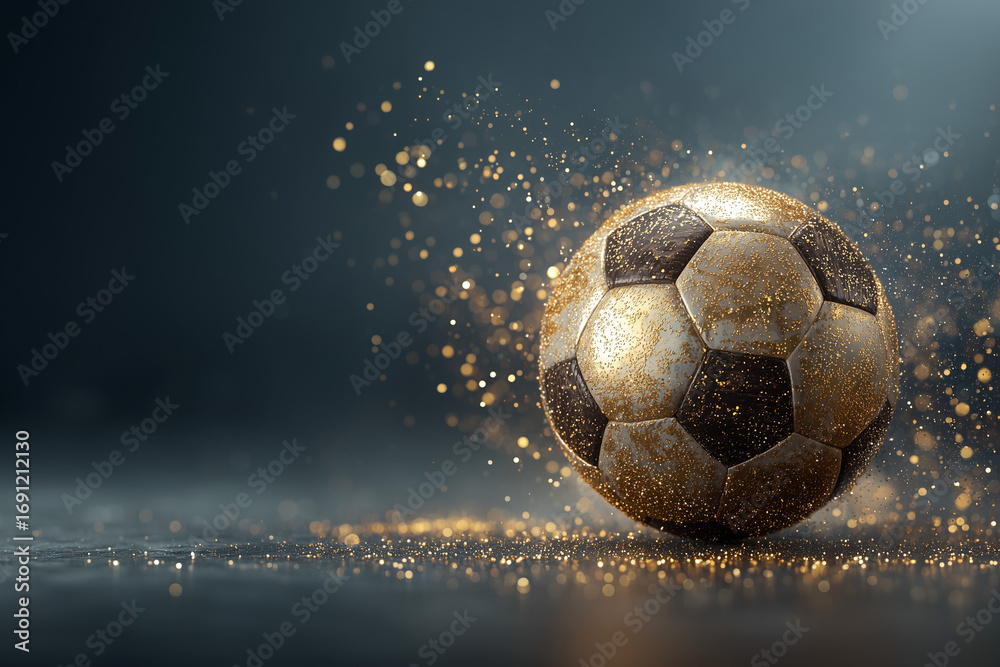Fototapeta premium Golden soccer ball with glitter sparkles on dark background.