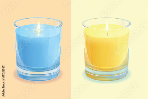 Two scented candles in glass containers emitting a comforting glow illustration art style