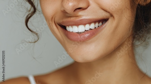 close up face of young woman with beautiful smile isolated on grey wall with copy space successful multiethnic girl latin woman looking at camera against gray wall with a big whitening teeth smile no