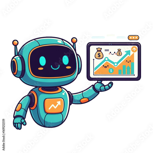 Cute friendly chatbot robot displaying digital finance graph in cartoon style 