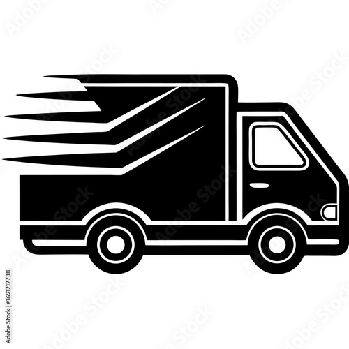 A black and white graphic illustration of a delivery truck in motion, with speed lines indicating rapid movement.